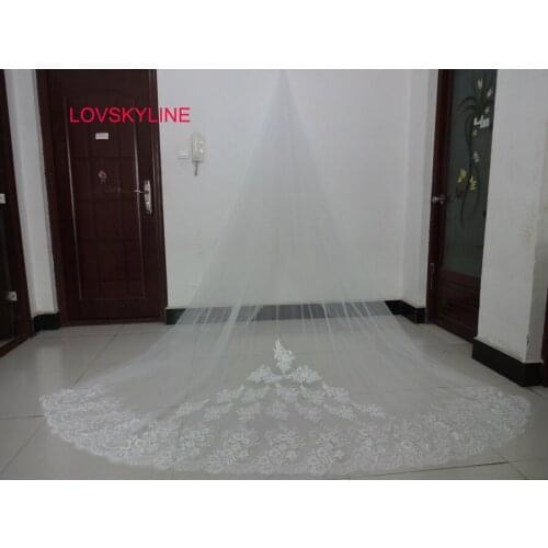 Real photo 3 Meter Comb Ivory Cathedral Wedding Veils Long Lace Edge Bridal Veil Wedding Accessories Bride Mantilla Wedding Veil