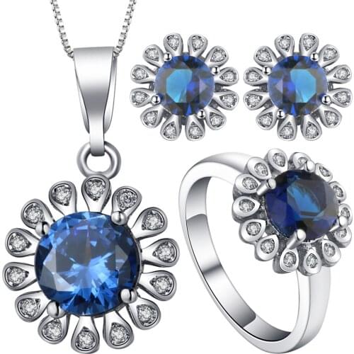 Silver Color Flower Ring Ancient and Earrings Women Party wedding necklace Set gift blue large cz crystal daisy Distribution