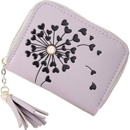 Simple PU Leather Zipper Multifunction Mini Short Ladies Wallet Tassel Love Heart Dandelion Print Wallet New