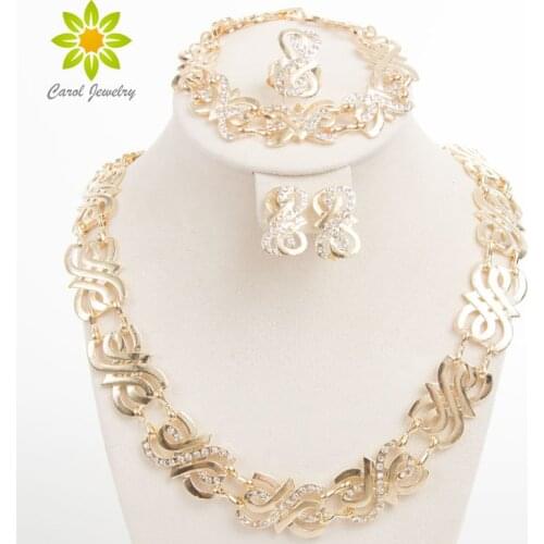Fashion Jewelry Sets For Women Wedding Bridal Party Crystal Gold Color Fine Statement Necklace Earrings Bracelet Rings Set