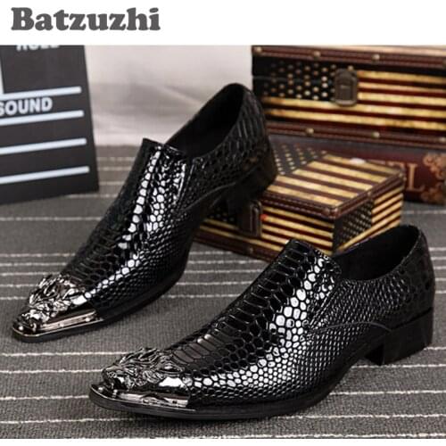 Batzuzhi Western Fashion Men Shoes Pointed Metal Toe Luxury Handmade Mens Leather Dress Shoes Black Height Increased Shoes Men