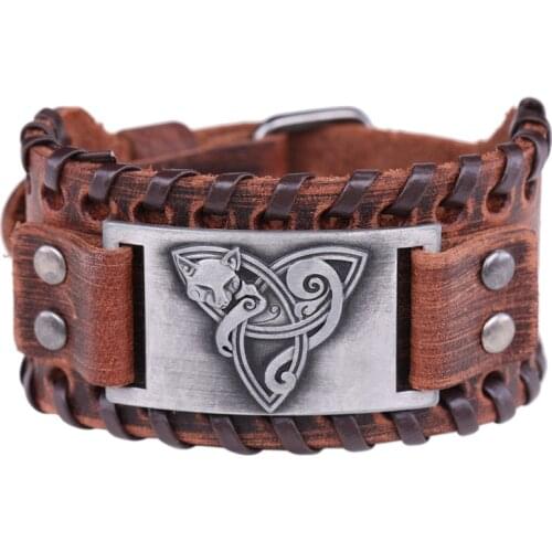 Mens Gift Viking Wolf Leather Wide Bracelet Mens Amulet Bracelet