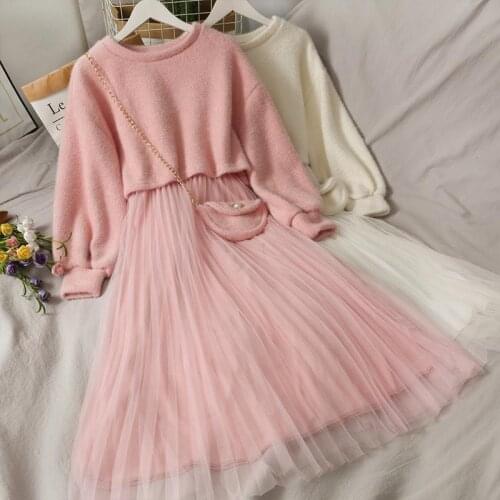 Autumn Winter Suit Women Dress Two Piece Set Casual 0-Neck Sweet Sling Mesh Midi Dress Long Sleeve Elegant A-line Vestidos