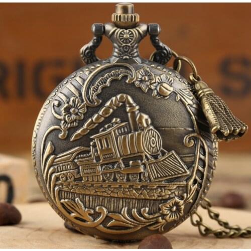 Superb Locomotive Engine Train Front Engraved Flower Sculpture Quartz Pocket Watch Necklace Chain FOB Pendant Tassel Accessory