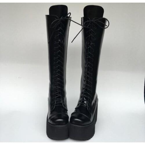 Japanese Style Lolita Cosplay PU Knee High Boots High Platform Lace-up Square Heel Princess Girl Winter Boots