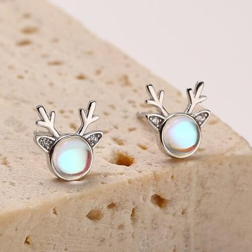 Simple Cute Antlers Christmas Moonston 100% 925 Sterling Silver Stud Earrings For Women Zircon Earings Fashion Jewelry Flyleaf