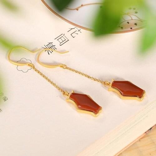 Natural South Red Agate Long Ear Hook Ring Vintage Aquarius Ladies Eardrop Earring Original S925 Sterling Silver Gold Plated