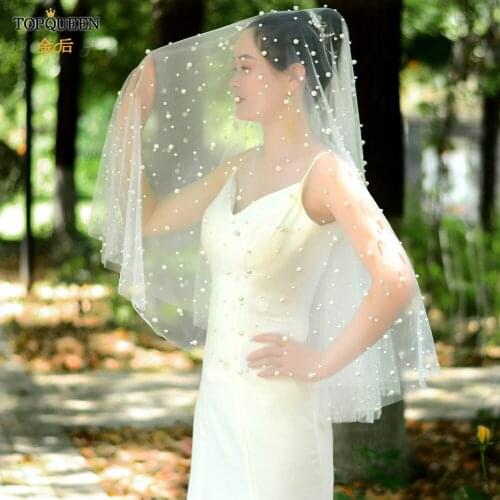 TOPQUEEN V13 Pearls Wedding Veil without Comb Bridal Veils with Blinkon Pearls Bridal Veils Accessories for Brides Veil Hat