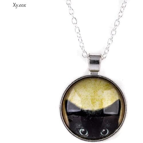 Vintage Cute Cat Cabochon Glass Pendant Charm Chain Necklace Jewelry