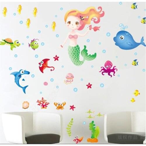 Vivid Cartoon Mermaid Underwater World Wall Sticker Living Room Bedroom Wall Decor Anime Poster kids room decoration