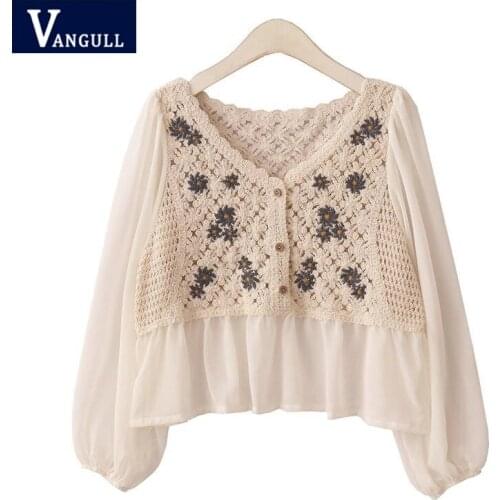Vangull Flower Embroidery Chiffon Shirt Women Summer 2021 New V-neck Hollow Out Loose Vintage Short Shirts Fashion Female Tops
