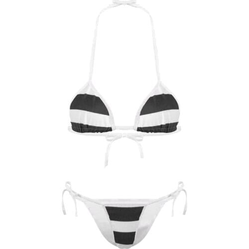 Womens Erotic Lingerie Set Stripe Cute Micro Bikini Sets Beachwear Self-tie Halter Neck Bra Tops with G-String Briefs Underpants
