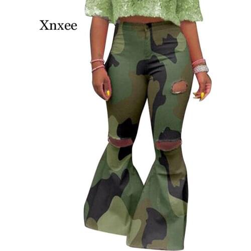 Hole Camouflage High Waist Jean Bell Bottom Trousers for Woman Plus Size Denim Distressed Ripped High Elastic Flared Pants 2021