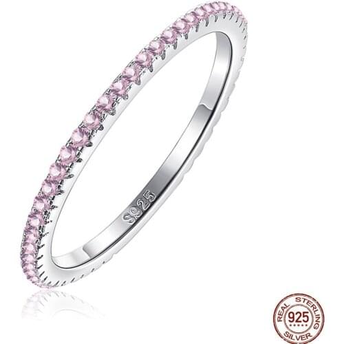 100% 925 Sterling Silver Pink Crystal Wedding Female Rings for Women Simple Geometric Ring Sterling Silver Jewelry