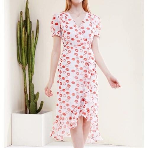 QUALITY Newest HIGH 2021 Summer Fashion Designer Runway Dress Womens V-neck Ruffles Lip Print Dress