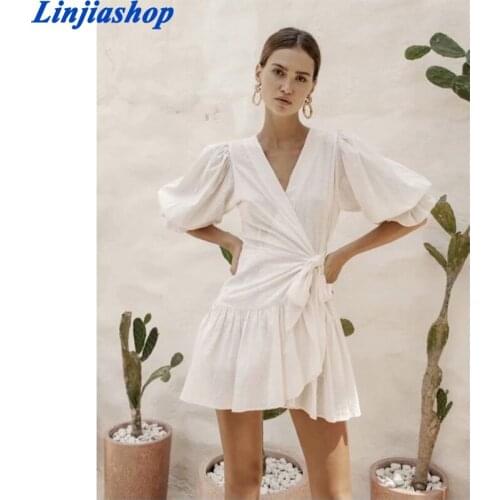 Za 2021 Summer Women Chic White V Neck Wrap Dress Half Sleeve Female Solid Sweet Short Dress Vestidos