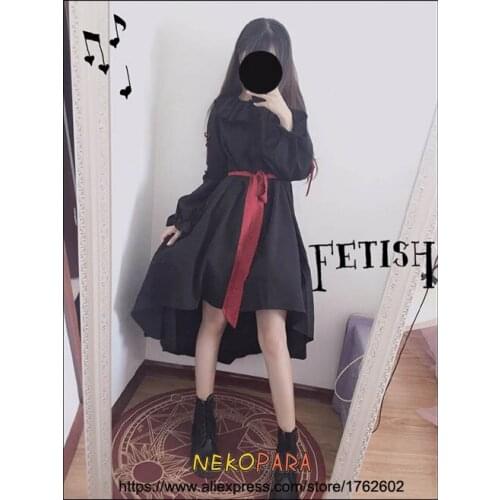 2017 Spring Puppet Doll Girl Darkness Style Womens Lolita Dress OP Long Sleeve Black Asymmetrical Big Hem Cute Dress