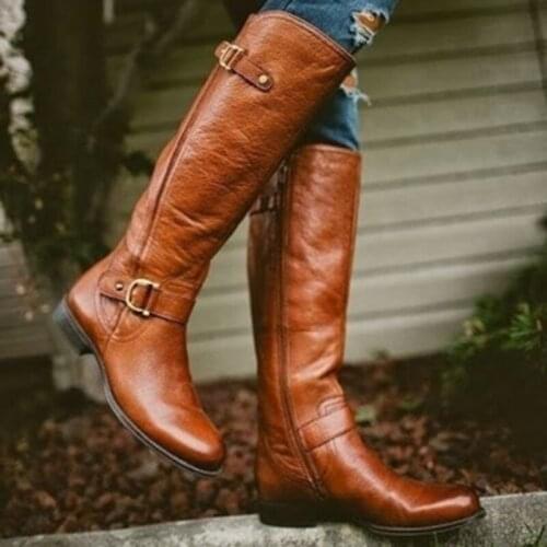 Winter Women Boots Lace-Up Riding Motorcycle Boots Low Heel Knee High Boots Buckle Side Zipper Female Boots