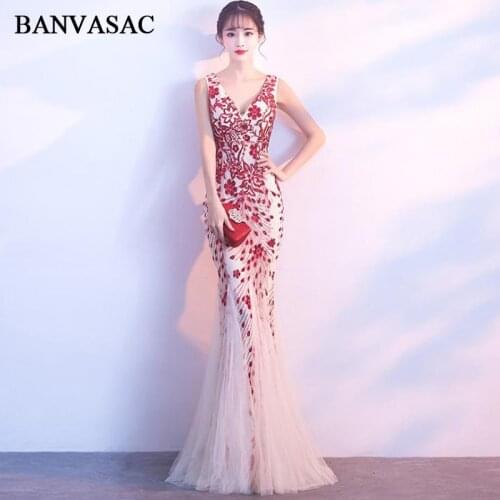 BANVASAC 2018 Elegant Sequined Backless Mermaid Long Evening Dresses Party V Neck Lace Appliques Tulle Prom Gowns