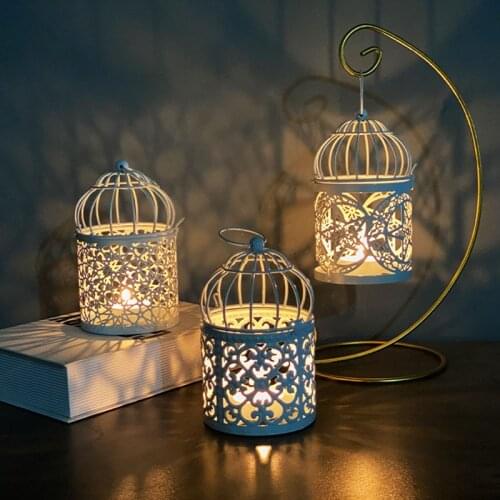 White Hollow Holder Candlestick Tealight Hanging Lantern Bird Cage Vintage Wrought Retro Candlestick Lantern Home Party Decor