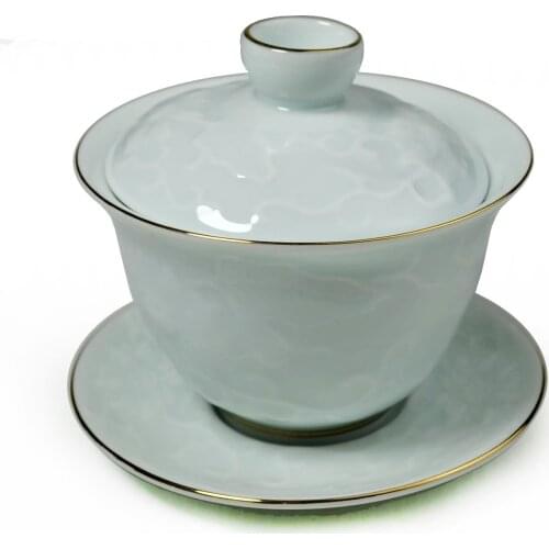 Gaiwan 200ml Emboss flower teacups Golden edge celadon porcelain traditional Chinese tea set lid cups saucer teaware cover bowl