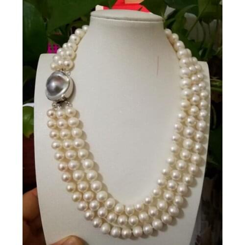 Beautiful 3row 8-9 mm natural white pearl necklace