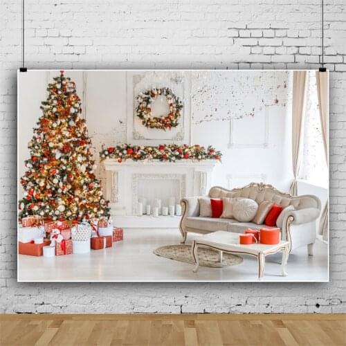 Laeacco Christmas Tree Background White Fireplace Wreath Sofa Interior Child Baby Photocall Scenic Newborn Photographic Backdrop