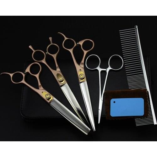 Customize 5 kit Japan 440c gold 7 inch Pet dog grooming hair cutting scissors set thinning shears barber hairdressing scissors