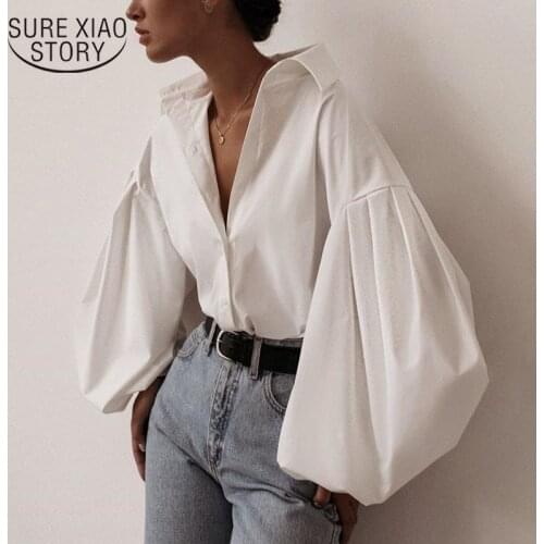 New Lantern Sleeve Elegant Shirt White Black Sexy Button Vintage Blouse Turn Down Collar Office Ladies Shirt Female Casual 10903