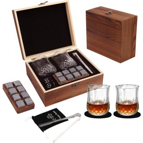 Whiskey Glasses,Scotch Glasses,2 Whiskey Glasses 8 Granite Rocks Chilling Stones with Wooden Gift Box for Father Husband Friends