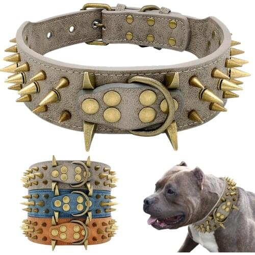 Retro Copper Spikes Studded Dog Collar for Large Dogs German Shepherd Mastiff Rottweiler Bulldog Widen PU Leather Pet Collar