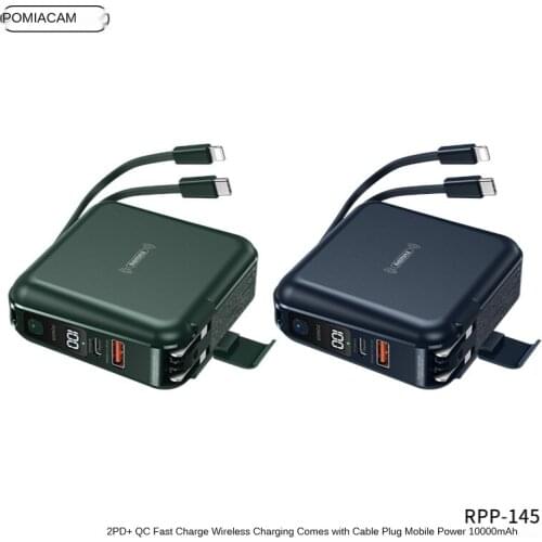 RPP145 With Cable Power Bank 10000mAh Type-C Portable Charger PowerBank External Battery Charging Pack For iPhone Samsung Xiaomi
