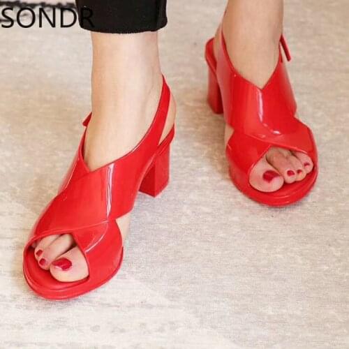 Womens Open Toe Cross Belt Sandals Jelly Shoes Sweet Slingback Block High Heel Candy Colors Brazil Styles Summer Beach C1049