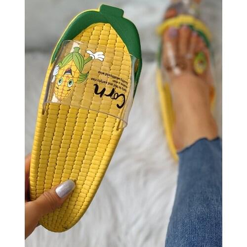 Women Summer Funny Slippers Transparent Upper Corn Letter Print Flat Slider Sandals Outdoor Beach Slides 2021 Ladies Shoes