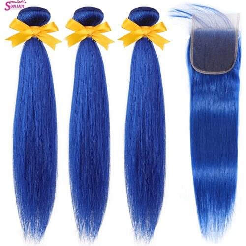 Soul Lady Blue Bundles With Closure Pre plucked Hairline With Baby Hair Remy Colored Brazilian Straight Human Hair Weave Bundles