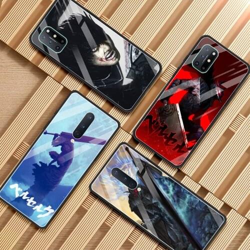 Glass Case For Oneplus 9R 9 8 7T 7 Pro 8T 8 Nord Z Shell Bumper Fundas Black Frame Tempered Caso Berserk Guts Anime