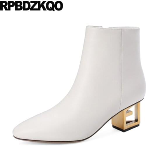 Pointed Toe Chunky 2021 Beige Genuine Leather Shoes High Heel Trend Metal Boots Booties Luxury Fall Winter Women Black Block