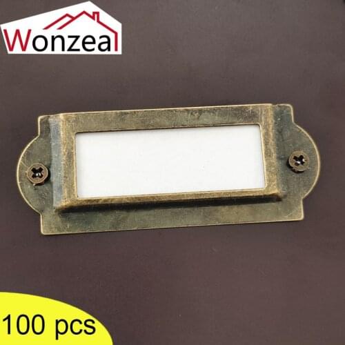 Wonzeal 100Pcs/Lot Antique Iron Label Pull Frame File Name Card Holder Furniture Cabinet Drawer Box Case Hardware 60*24mm Handle