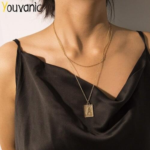 Youvanic Punk Thin A Letter Square Pendant Necklace For Women Bohemia Gold Choker Layered Long Chain Collar Fashion Jewelry 2597