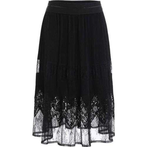 Govani autumn new black plisse with lace hem elastic waist midi skirt