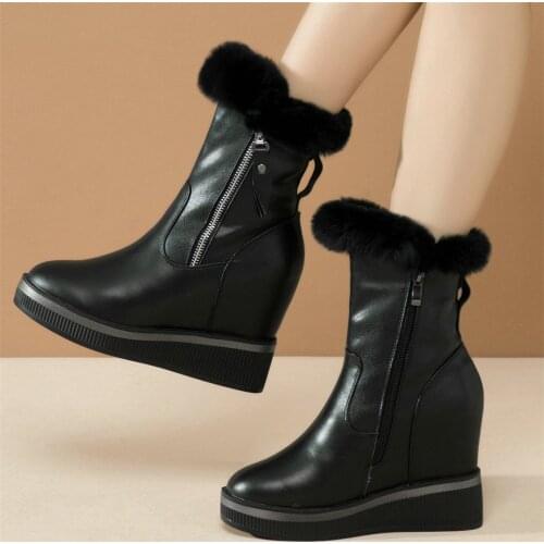 Winter Creepers Women Lace Up Genuine Leather Wedges High Heel Ankle Boots Female Warm Rabbit Fur Fashion Sneakers Casual Shoes