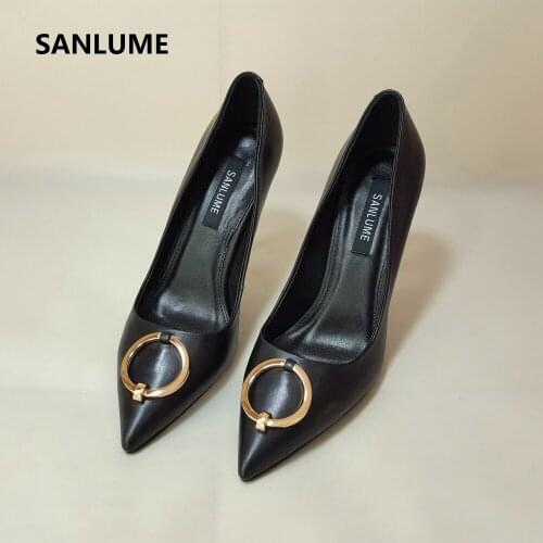 SANLUME 2018 New style Spring Women Genuine leather High heels Black pointed Pumps 10cm Wedding Party Shoes gold heels Size 40