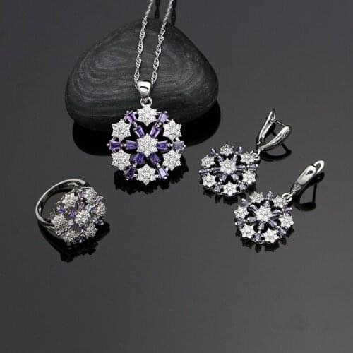 925 Silver Jewelry Sets Natural Purple White Zircon Decoration For Women Earrings With Stone Pendant Rings Necklace Set