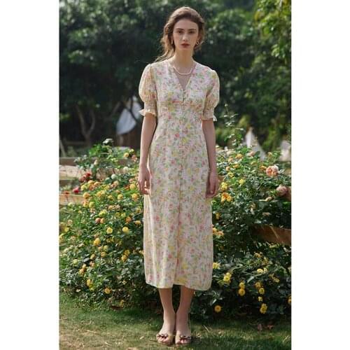 Vintage Floral Print Long Dress Women Puff Sleeve V Neck Beach Dresses Women 21 Elegant Clothes Retro Sweet Dress Female CX1681