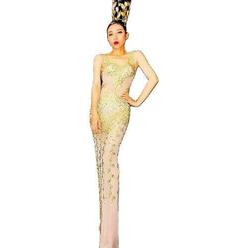 Gold Rhinestones Sleeveless Luxurious Long Dress Women Birthday Party Dress Mesh Perspective Nightclub Dance DS Show Stage Wear