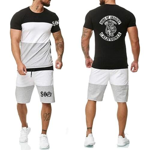 New Summer Mens short sleeve SOA Sons of anarchy the child SONS Printed High Quality Fashion Mens T-Shirt Pants Suit 2Pcs