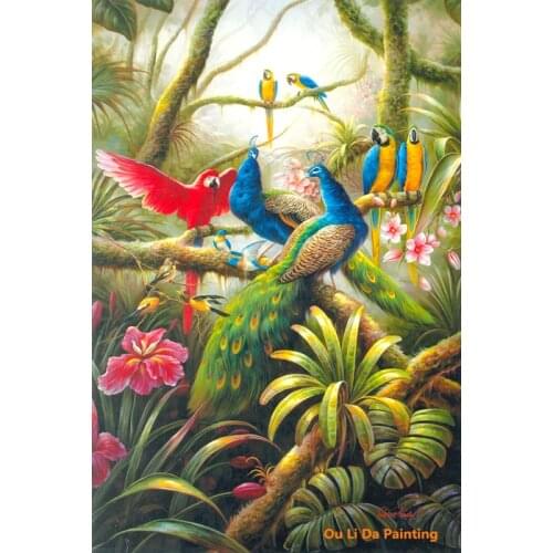 Free shipping classical parrot peacock jungle flower landscape oil painting canvas painting prints on canvas decoration picture