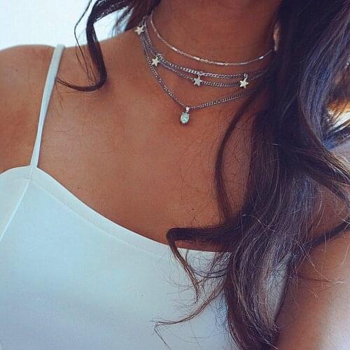 4 Pcs/Set Women Fashion Clavicle Chain Silver Color Star Opal Pendant Necklace Bohemian Temperament Beach Jewelry