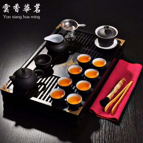 Kung fu tea set Yixing purple sand teapot Ceramic tea art Solid wood tea tray tea table
