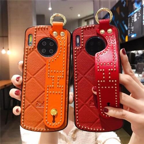 Luxury leather creativity circular arc Anti-fall Wrist band Phone Case For HUAWEI P40 pro mate 30 40 pro soft Cover capa Coque